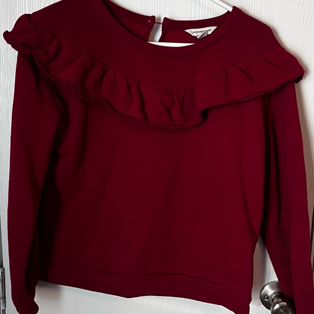Girls Lucky Brand Girl’s LG 12/14 Burgundy Ruffle-Trim Sweat Shirt Top